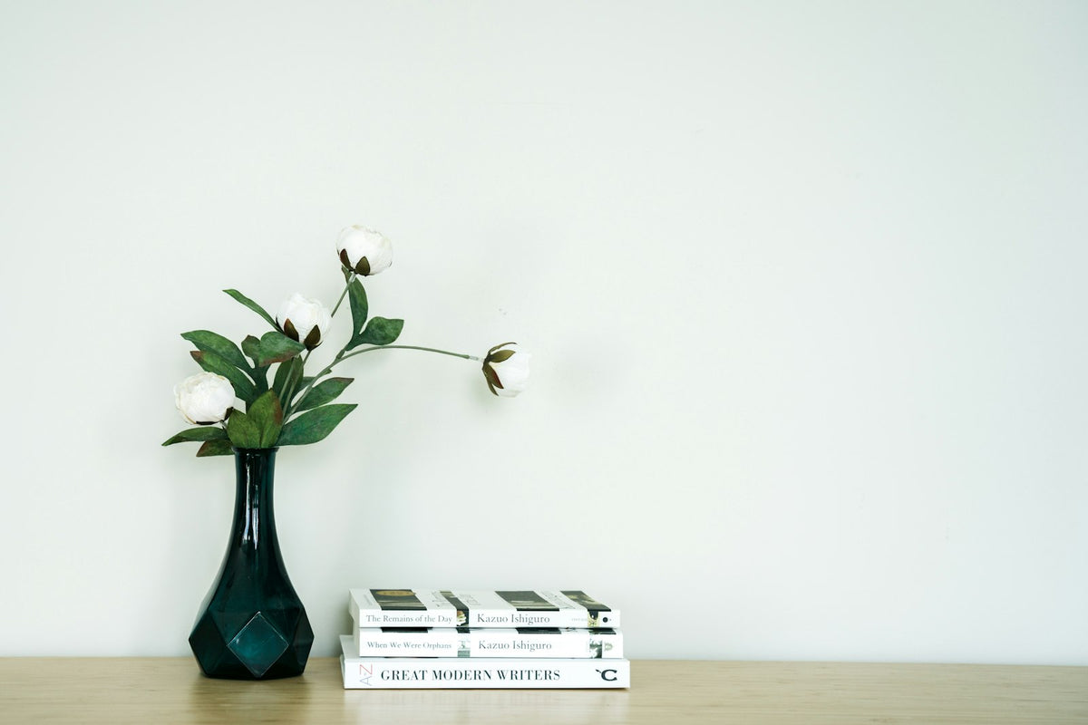 Consola blanca con planta y libros en el salón